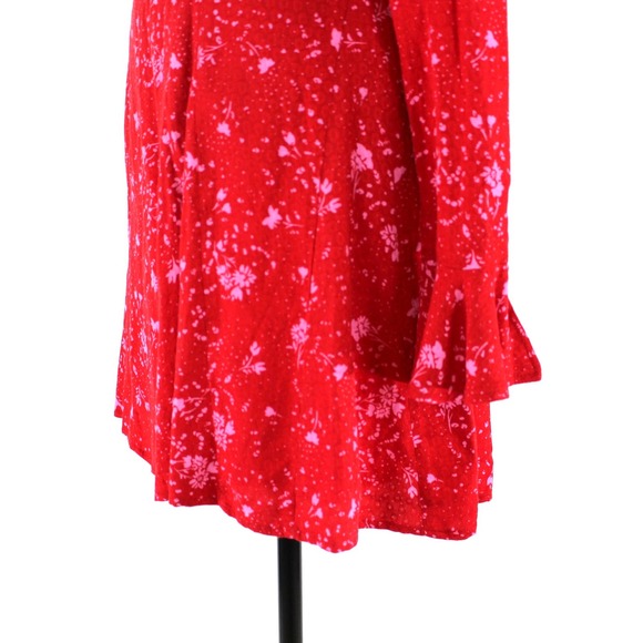 Free People Tess Red Pink Floral Bow Square Neck Dress XS NEW Long Sleeve Mini - Picture 5 of 8